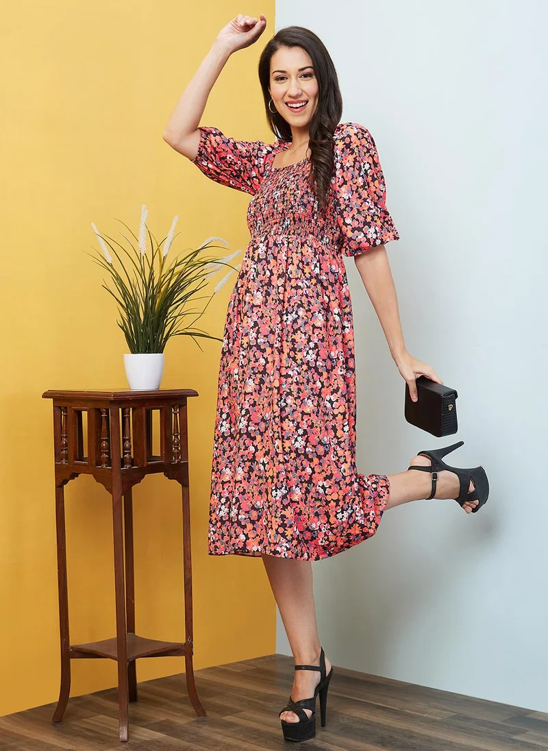 globus Globus Women Peach Floral Printed Puff Sleeves Gathered Smocked Fit & Flare Midi Dress